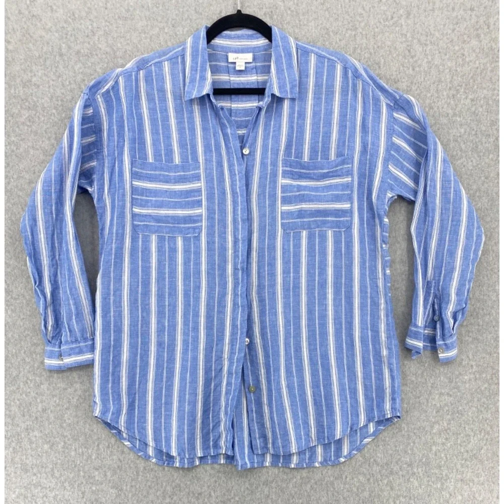 J Jill Love Linen Shirt womens Medium Blue & White Striped Linen Button-Up - Picture 1 of 11